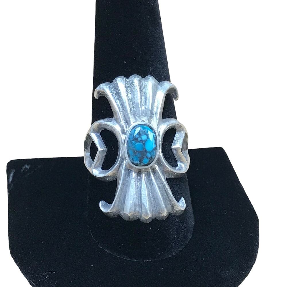 Merle House Sterling Silver Navajo Sandcast Turquoise Ring Vintage Size 9 9.5